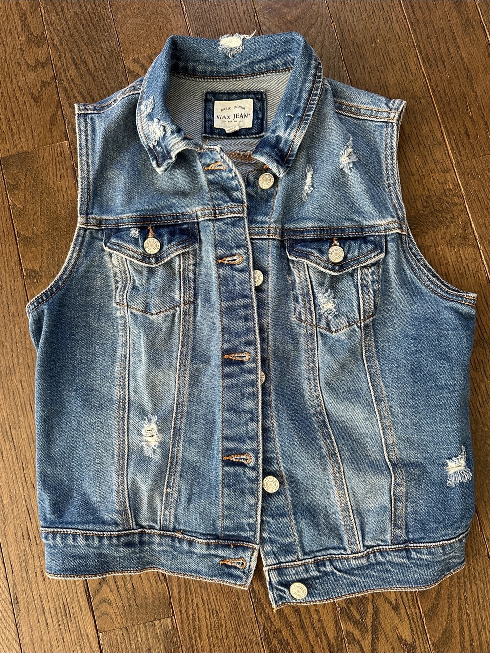 Wax Jean Distressed Medium Blue Denim Vest